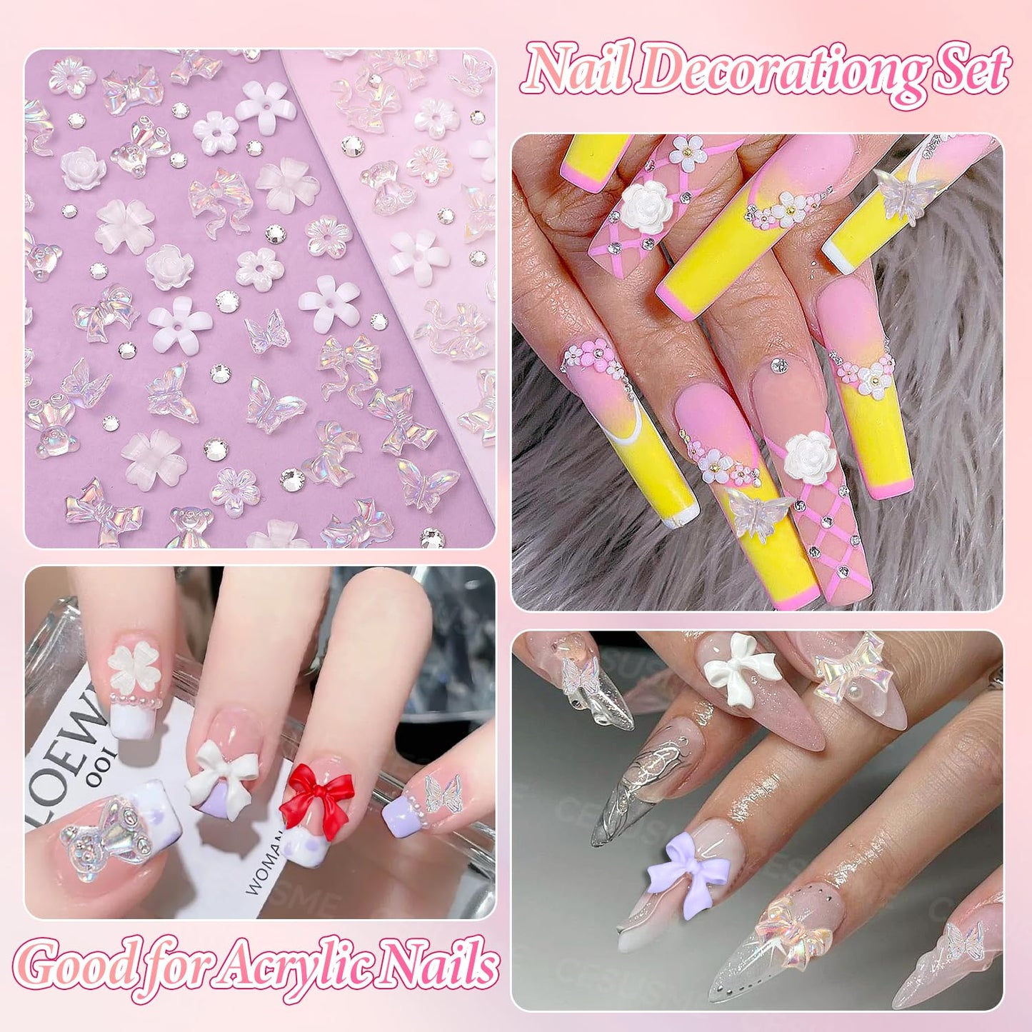 3 Boxes Bow Flower Nail Charms, 3D Color Flowers Nail Bows Charms for Nails Art, Polar Butterfly Bowknot Nail Art Charms, White Rose Flower Charms for Nail Art Jewels Supplies DIY Craft