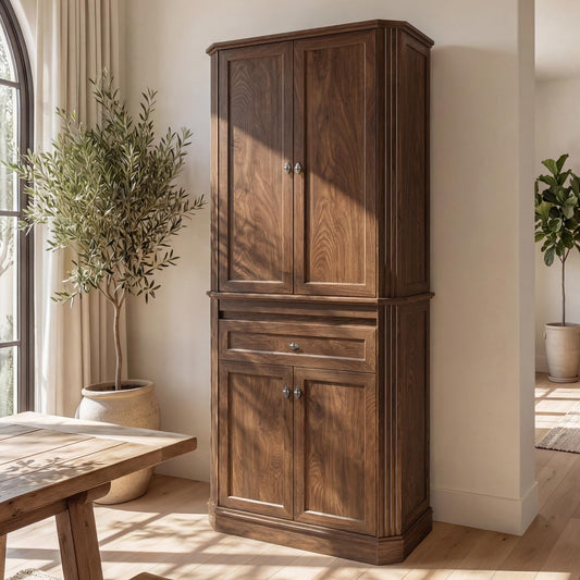 AMBERHAUS 72.2" Tall Kitchen Pantry Storage Cabinet with Doors, Farmhouse Storage Cabinet with Drawers, Adjustable Shelves and Pull-Out Shelves, Walnut Wood Pantry Cupboard for Kitchen, Dining Room