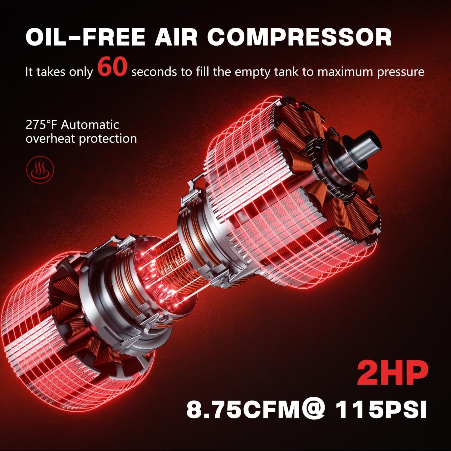 Nessxa 14 Gallon Ultra Quiet Air Compressor with 2 Quick Couplers 2HP 8.75 CFM, Max 115 PSI Pressure Oil-Free Air Compressor Tank, 70dB Quiet Compressor for Auto Repair, Tire Inflation 110V/60hz