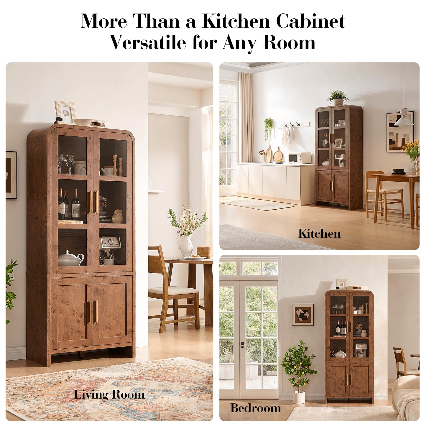 EliteSet 77" Tall Kitchen Pantry Cabinets, Wooden Curved Storage Cabinets with 2 Adjustable Shelves, 1.18'' Panel Freestanding Cupboard for Dining Room, Living Room, Bathroom, Dark Burl, 1Pcs