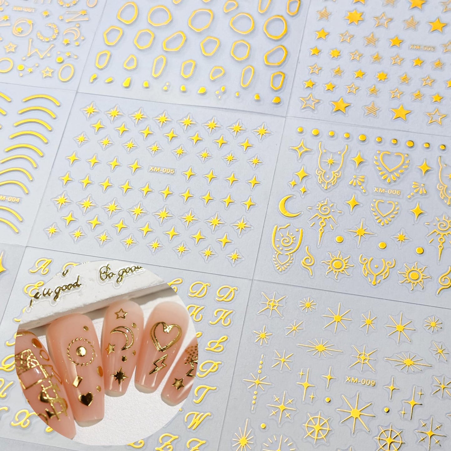 30 Sheets Gold Nail Sticker 3D Self-Adhesive Nail Decals Star Moon Heart Cute Knot Bow Design Nail Art Stickers for Women DIY Nail Art Decoration Accessories