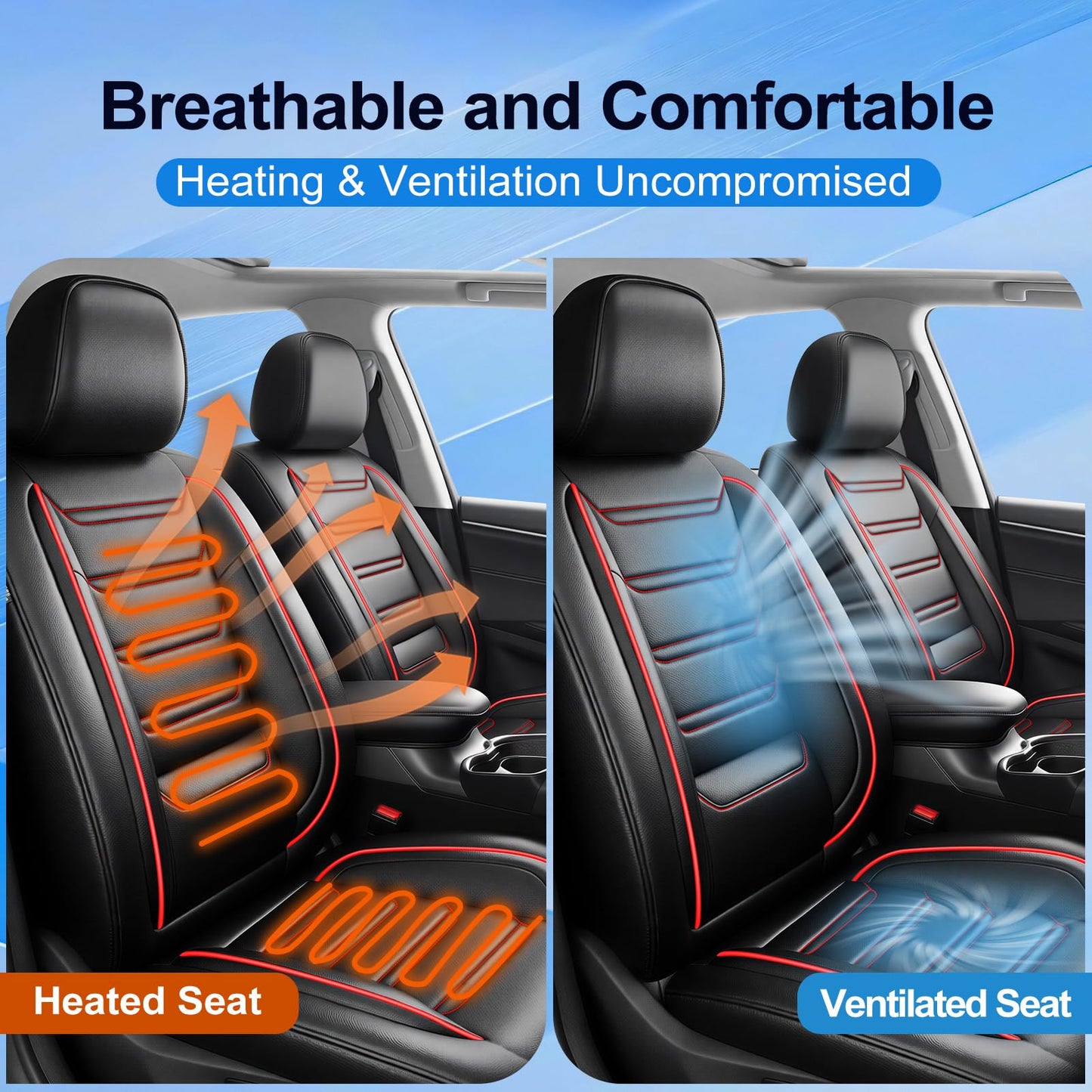 FiveFox Fit Trax Car Seat Covers for Chevrolet/Chevy Trax 2015-2026 - Luxury Full Coverage Leather, Waterproof & All Weather Breathable Seat Cushion Protector, Airbag Compatible, Full Set, Red Trim