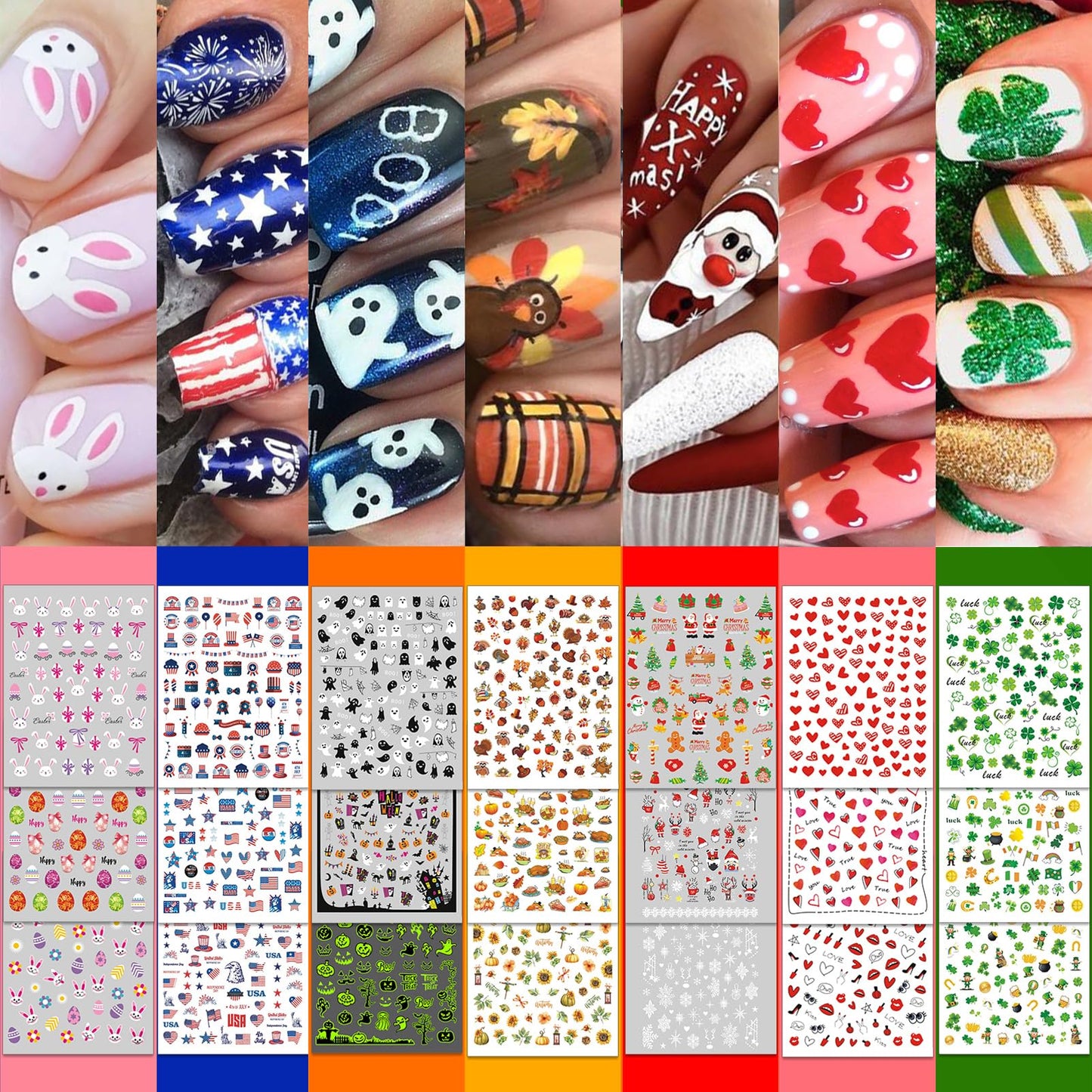 30 Sheets 7 Holiday Nail Art Stickers, Mixed Season Nail Decals Set for All Year, 3D Self-Adhesive Pegatinas Uñas Easter 4th of July Halloween Thanksgiving Christmas Valentine's St. Patrick's Day