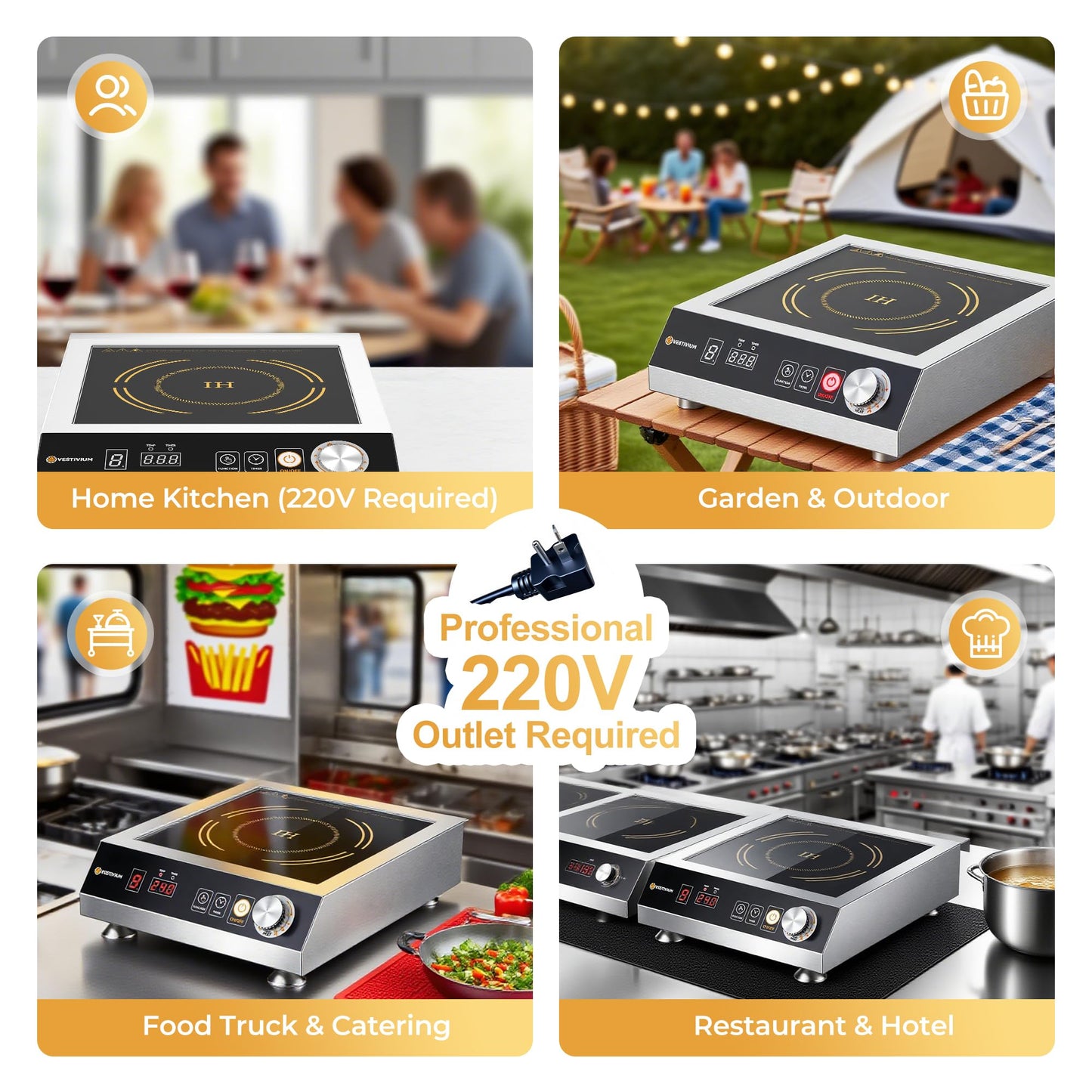 VESTIVIUM Commercial Induction Cooktop 3500W/220V, Professional Portable Countertop Burner, 9 Power/Temp Levels Dual Cooling Fans IPX4 Waterproof 72H Continuous Use, Overheat Protection