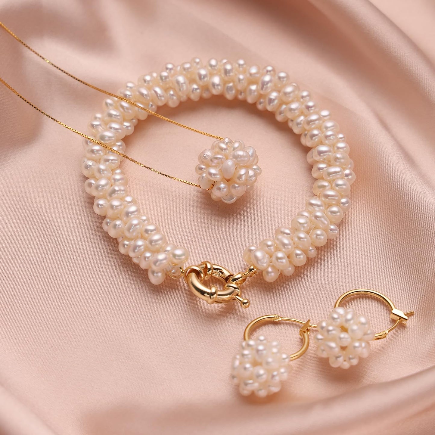 Real Pearl Jewelry Gift for Women, Jewelry Set of Pearl Earrings, Necklace, Bracelet, Western Fine Jewelry for Women