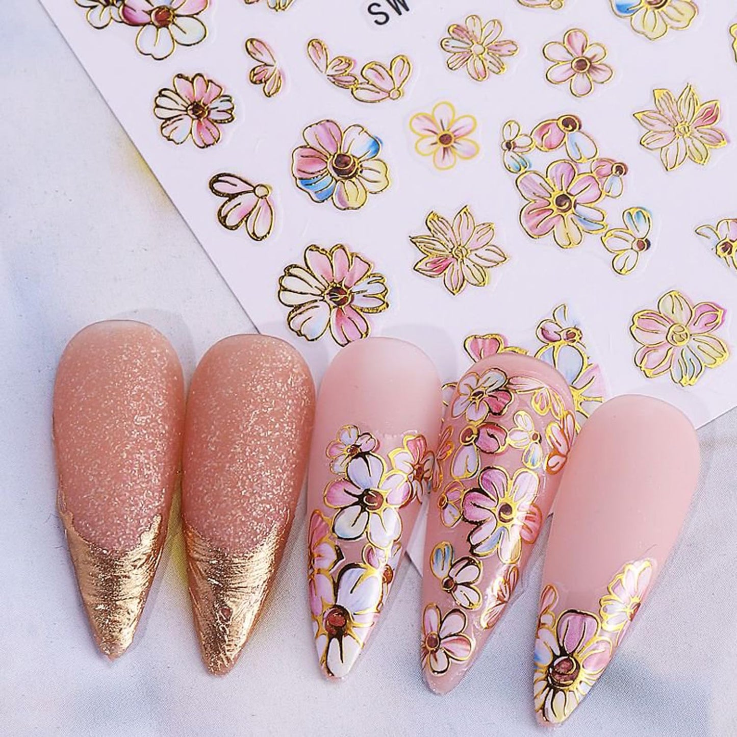 Spring Nail Art Stickers,Summer Flower Butterfly Nail Sticker Golden Edge Flower Petals Cherry Blossom Design, 3D Adhesive Sliders Manicure Decals Accessories for Women DIY Art Decorations