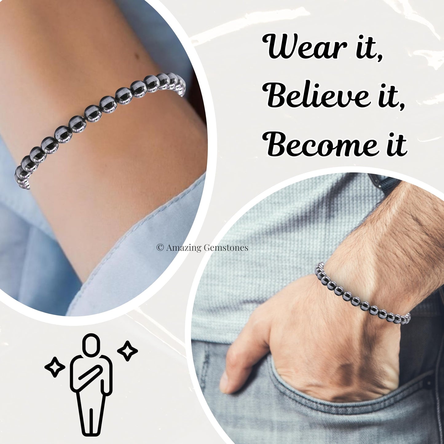 Amazing Gemstone Hematite Bracelet, Gifts For Men & Women - Protection Healing Crystal Bracelet - 6mm Gemstone Beaded Adjustable Bracelet, Pulseras Para Hombres Mujer Stocking Stuffers