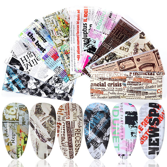 Holographic Nail Foil Transfer Stickers Decals, Funny Nail Polish Sheets, Newspaper Letter Nail Art Designs Acrylic Nails Supplies for Nail Transfer Glue Polish, Women Nail Decal Film Decorations