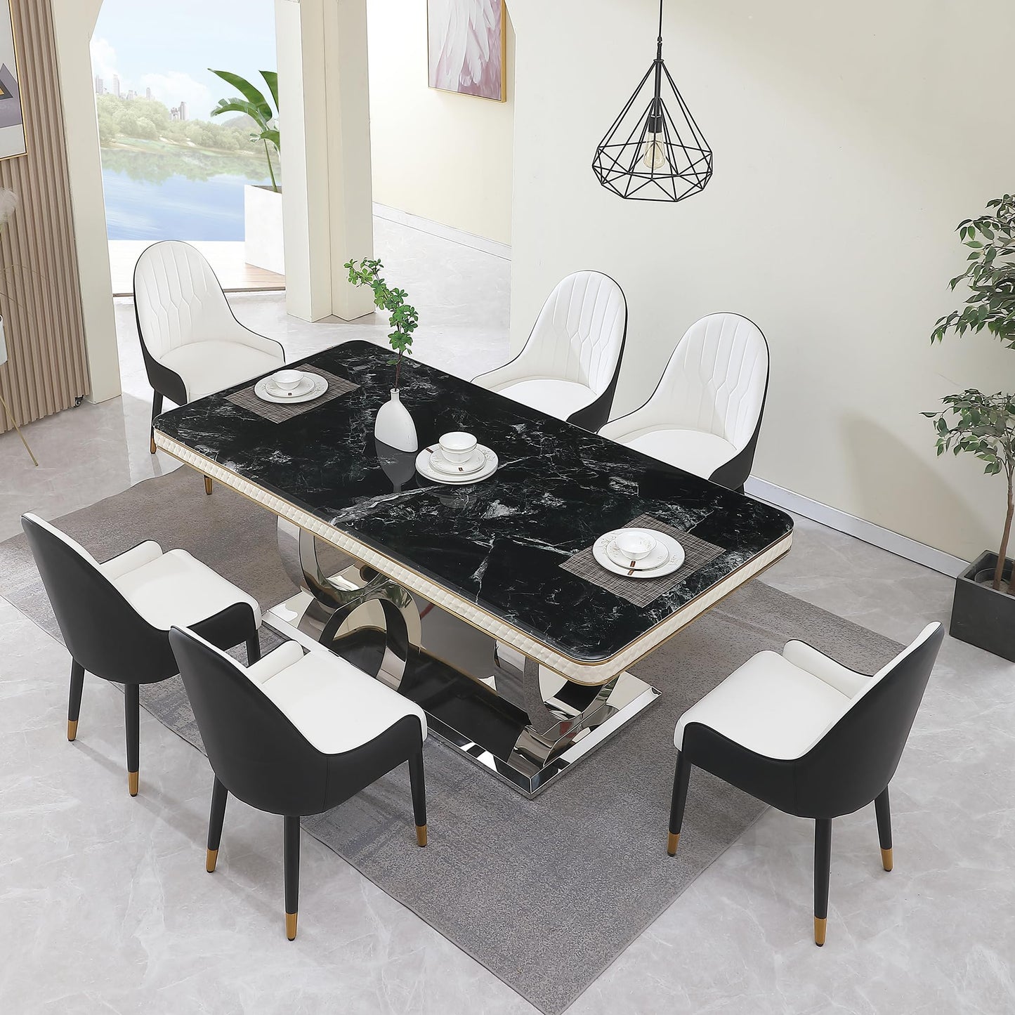 Legendstone 79" Marble Dining Table Set for 6, Modern Kitchen Table with Double-Circle Shaped Stainless Steel Base, Luxury Black Dining Set with 6 Black-White Dining Chairs for Home, Kitchen