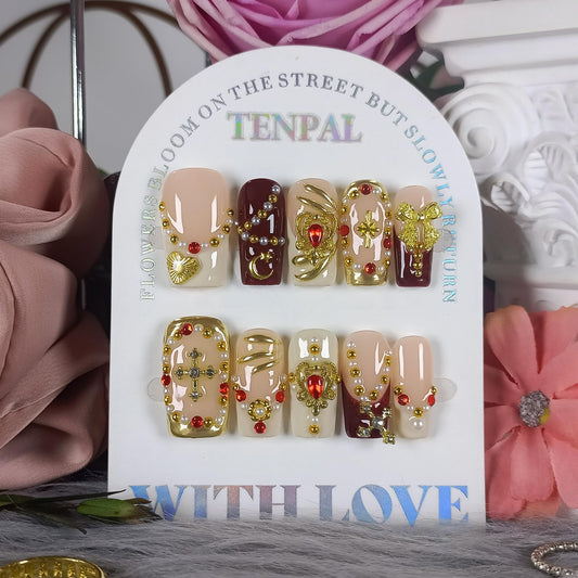 TENPAL Royal Baroque Style Handmade Press on Nails Medium Long- Wine Red & Gold French with 3D Cross Heart Pearl Designs | Regal Y2K Fake Nails with Tools for Women Girls(S)