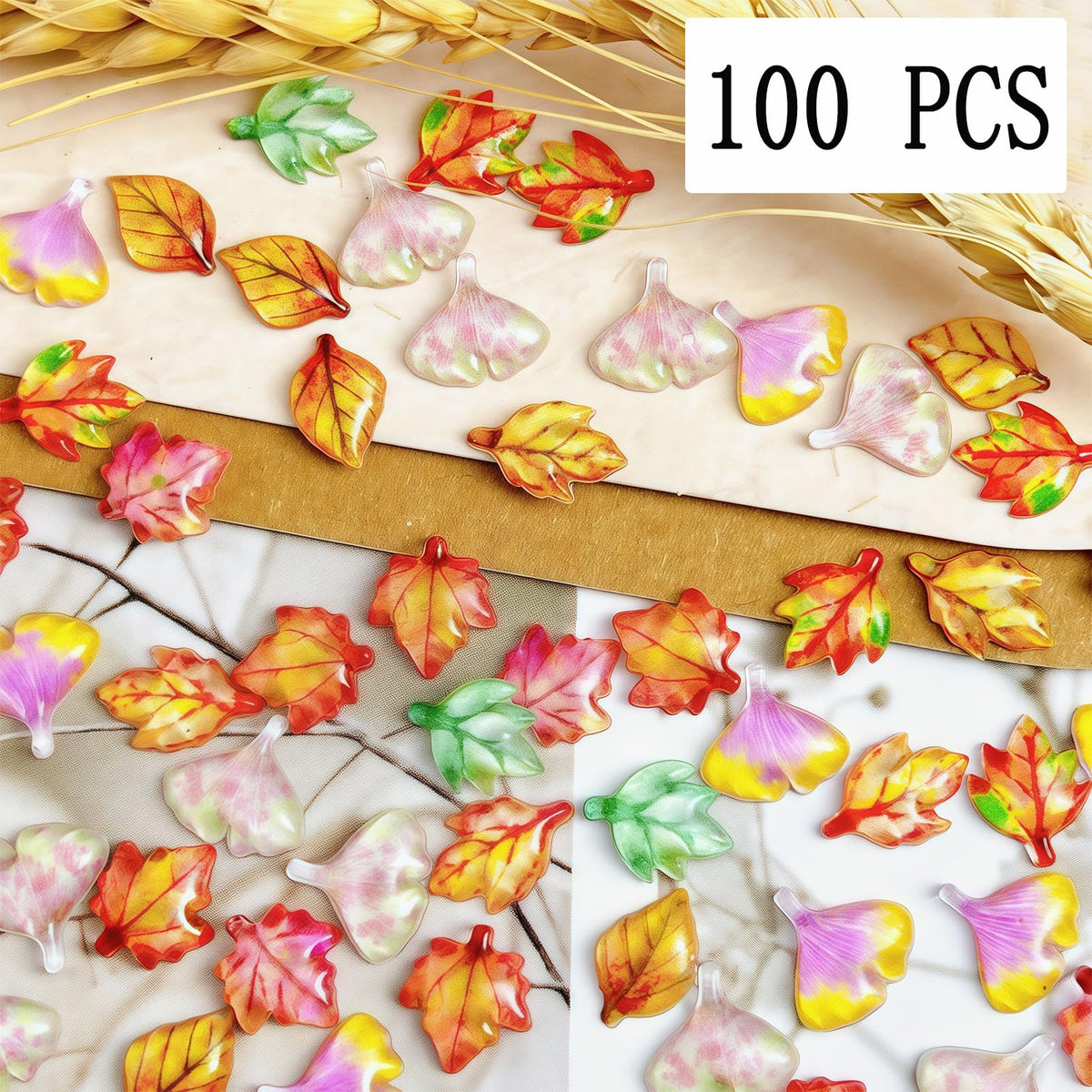 100 Pcs Fall Nail Art Charms Multi Shape Resin Maple Leaves Nail Charms 3D Flat Back Autumn Maple Leaf Ginkgo Leaf Design Nail Art Rhinestones Jewelry for DIY Thanksgiving Nail Decoration