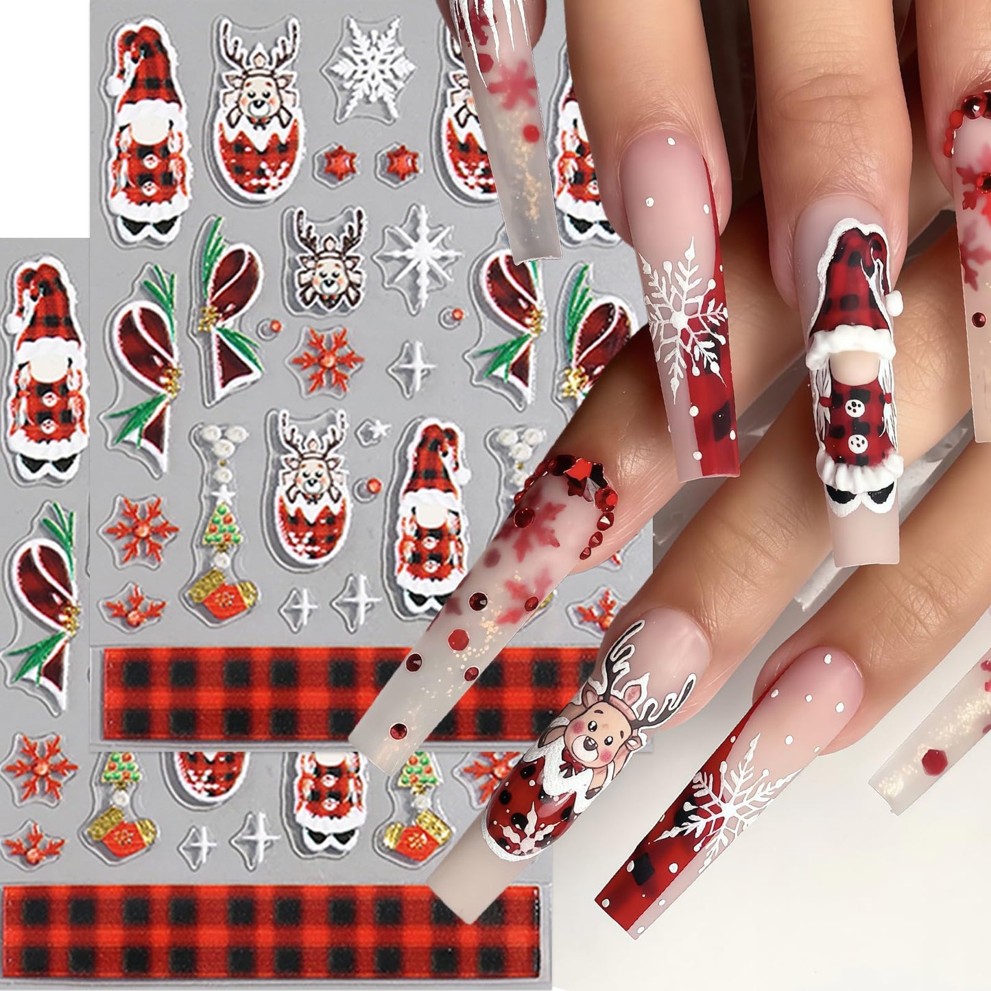 4 Sheets Christmas Nail Art Stickers Candy White French Line Nail Decals 5D Embossed Self-Adhesive Plaid Elk Snowflake Nail Design Nail Decoration for Women Winter Holiday Manicure DIY Nail Supplies