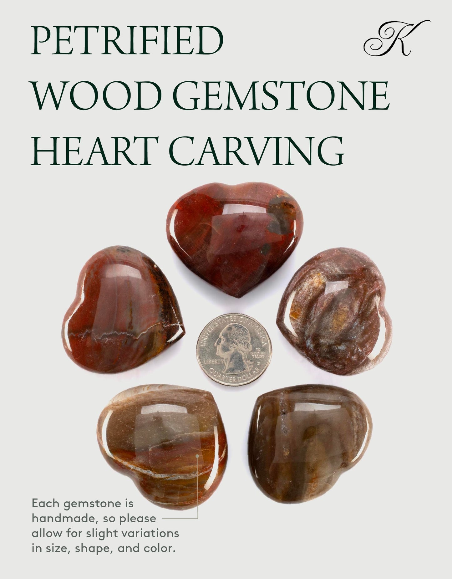 KALIFANO Petrified Wood Heart Carving with Healing & Grounding Properties - AAA Grade High Energy Stone Madera Petrificada Worry Stone with Information Card - Reiki Crystal Used for Passion