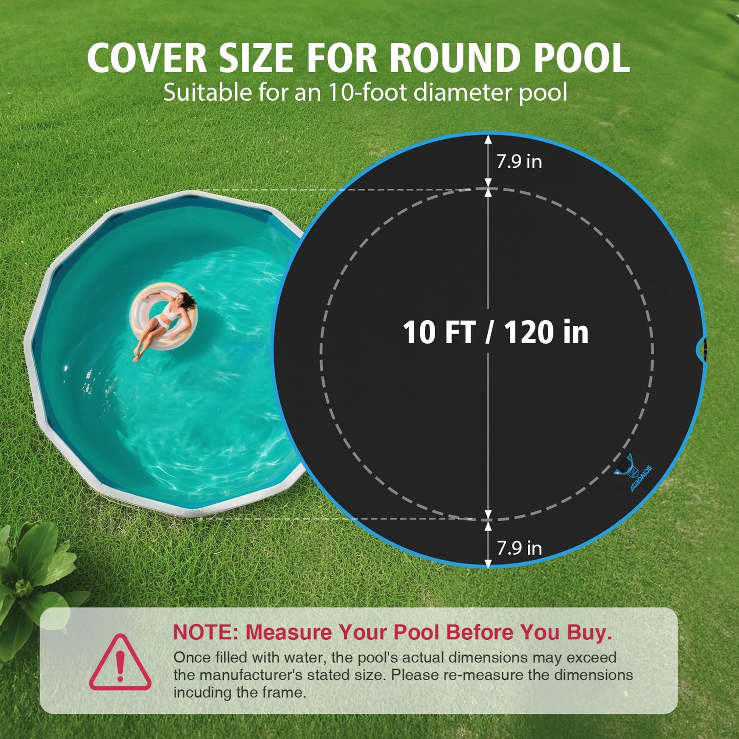 AGROAIDE 10ft Pool Cover, 420D Oxford Fabric for Above Ground Pool with Ratchet Tie Downs - All Season Use, Tear Resistant, UV & Dust Proof