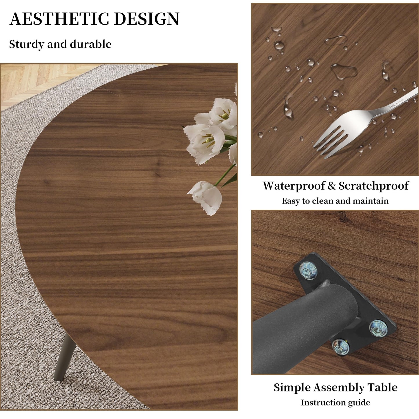HIPIHOM 43.3 Inch Round Dining Table Set for 4, Modern Small Kitchen Coffee Set for Dining Room Kitchen Apartment (Walnut Table+4 U-Shaped Black Chairs)
