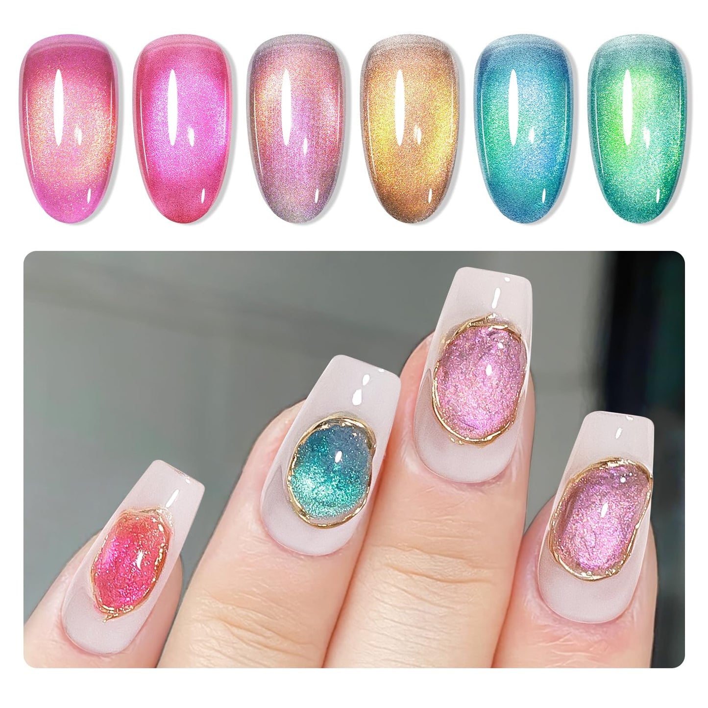 MIZHSE Cat Eye Gel Polish Set, 6 Colors Holographic Magnetic Gel Polish Set with Magnet Stick, Glitter Pink Green Blue Purple Magnetic French Nails Nail Polish Kit Gift Set for Women