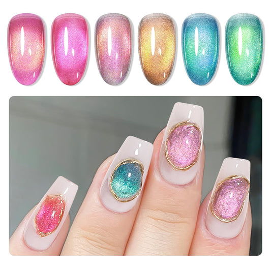 MIZHSE Cat Eye Gel Polish Set, 6 Colors Holographic Magnetic Gel Polish Set with Magnet Stick, Glitter Pink Green Blue Purple Magnetic French Nails Nail Polish Kit Gift Set for Women