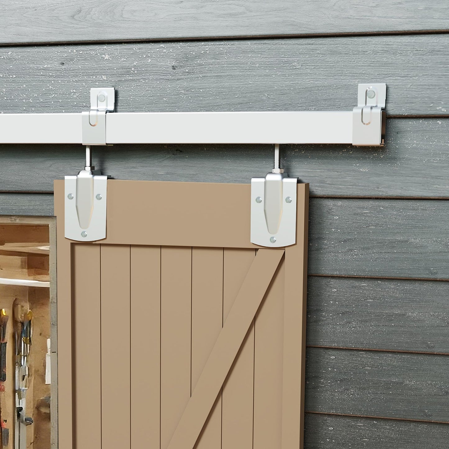 JUBEST 14FT Box Rail Exterior Barn Door Hardware Kit, Heavy Duty Sliding Door Track Kit Wall Mount Door Hardware Kit for Two Doors System(Doors Not Included), Silver