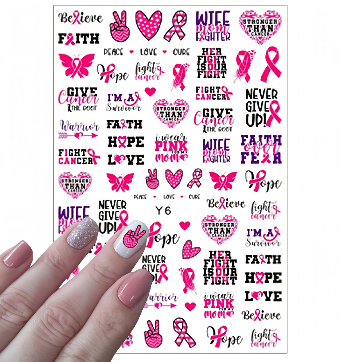 Breast Cancer Awareness Nail Art Stickers Pink Ribbon Nail Decals 3D Self Adhesive Nail Decals Butterfly Heart Flower Design Nail Sticker Breast Cancer Nail Supplies for Women Decoration 6 Sheets