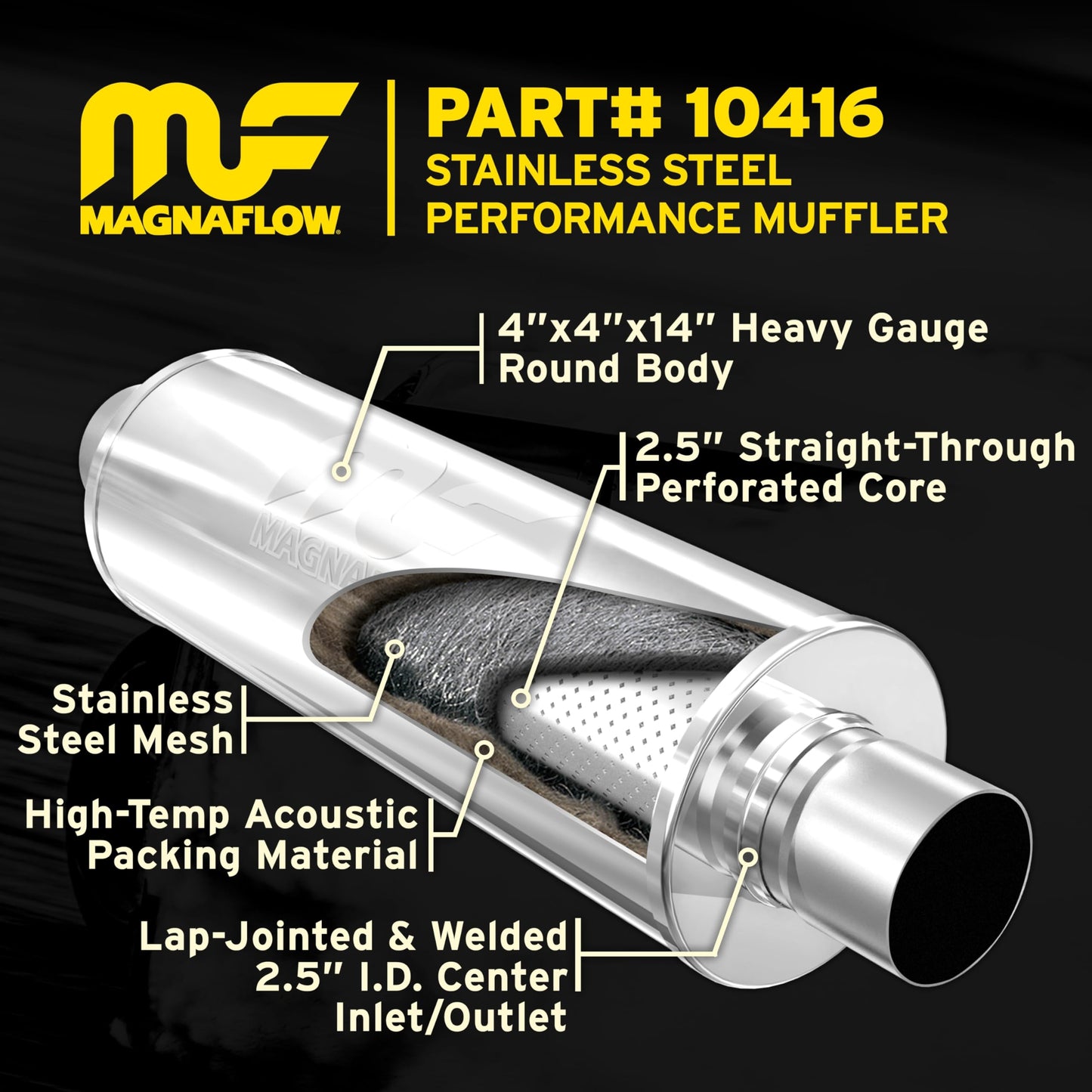 MagnaFlow Performance Exhaust Muffler 10416: 2.5"/2.5" Inlet/Outlet, 4x4x14" Round, Stainless Steel, Satin Finish