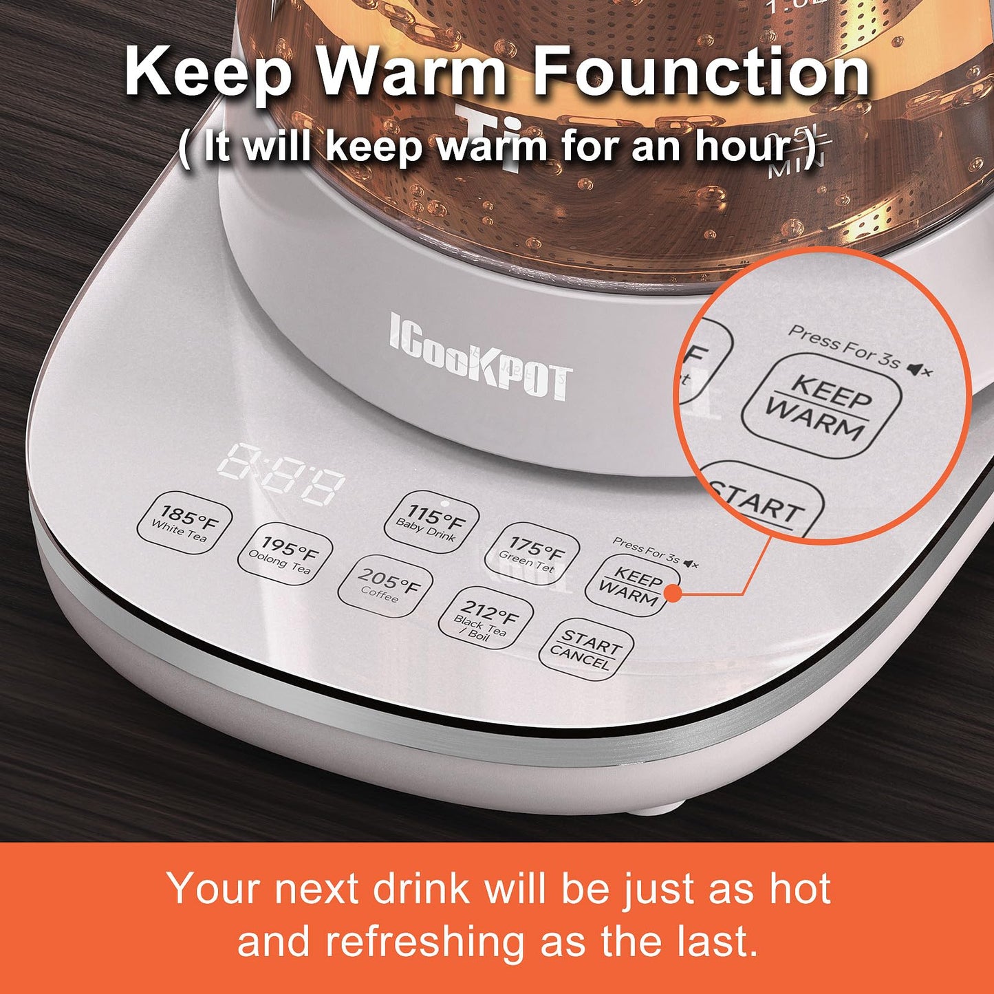 ICOOKPOT Titanium & Stainless Steel Electric Kettle with Tea Infuser and Temperature Control,1.5L Glass Tea Maker,1500W Rapid Boiling,Programmable Control for your Favorite Teas and Coffee-Grey