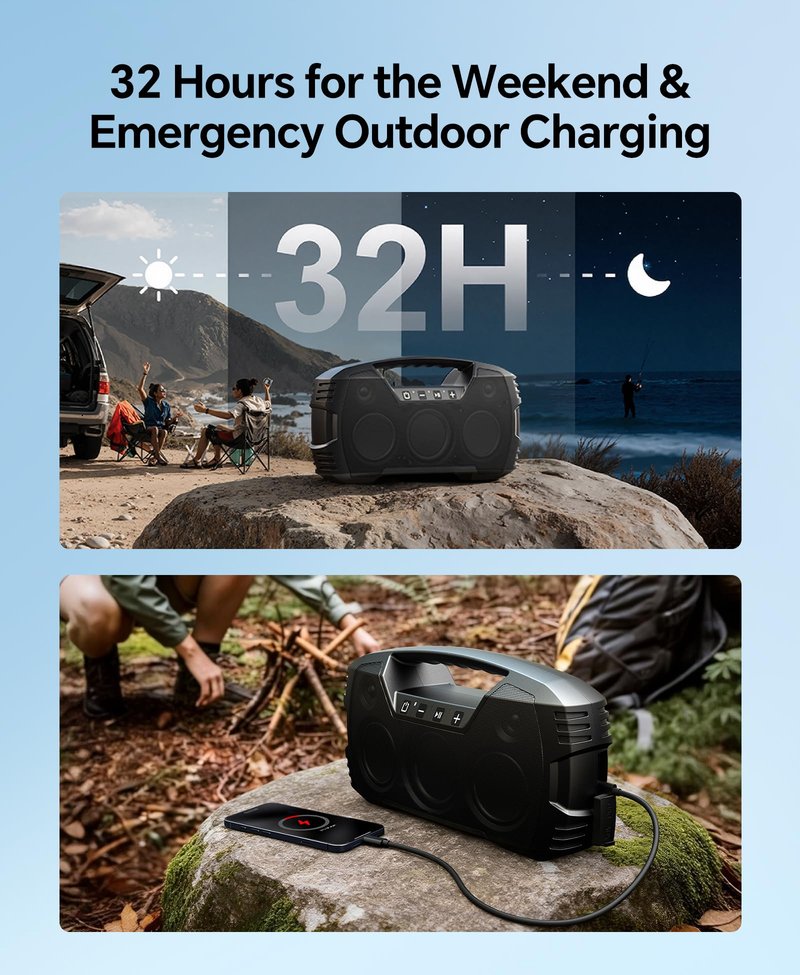 IPX7 Waterproof Outdoor Bluetooth Speaker, Wireless, 90W(Peak), 32H Playtime, Floating Design, Deep Bass & Loud Stereo Sound, Portable with Handle, Rugged for Pool, Beach, Kayaking, Hiking, Black