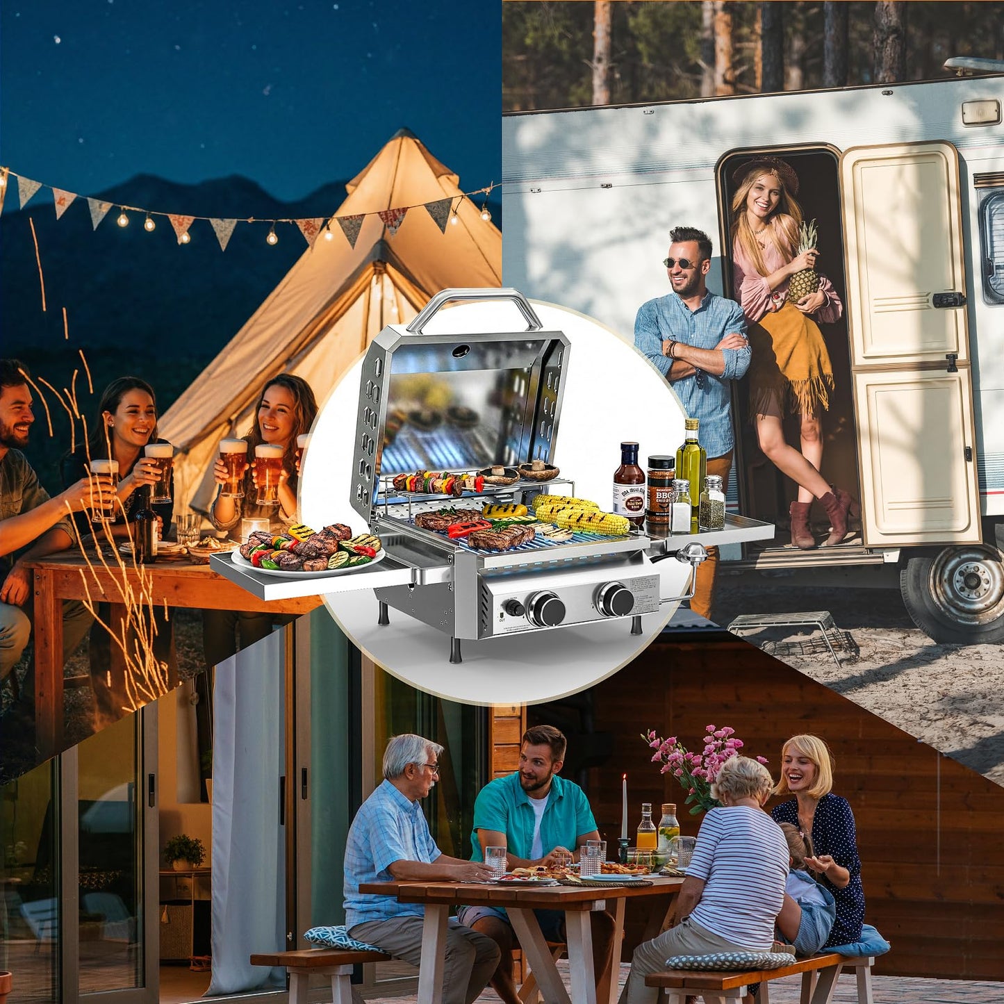 Cowsar Premium Dual-Burner Tabletop Gas Grill | 16,000 BTU Portable Propane Grill with 304 Stainless Steel & Dual Side Shelves – Compact Outdoor BBQ for Patio, Camping, and Backyard Grilling