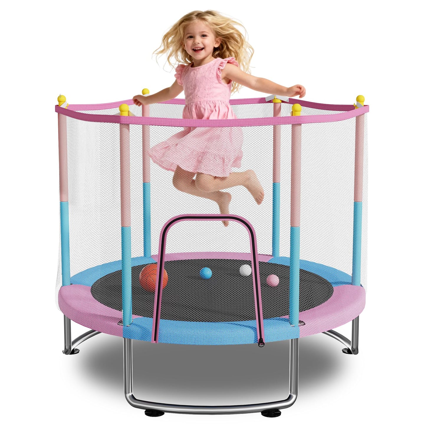 55" Kids Trampoline with Safety Net – 440lbs Capacity, Upgraded Rust-Proof Ring Legs, Adjustable Gymnastics Bar & Toys – Indoor Outdoor Toddler Trampoline for Boys & Girls Ages 1-8 (Pink)