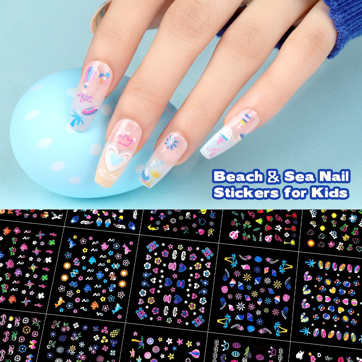 Teenitor 50 Sheets Nail Stickers for Kids, 3D Cute Girls Nail Art Stickers, Heart Flower Butterfly Bow Nail Decals for Nail Art, Fingernail Stickers for Women, Self Adhesive Nail Decorations in Summer