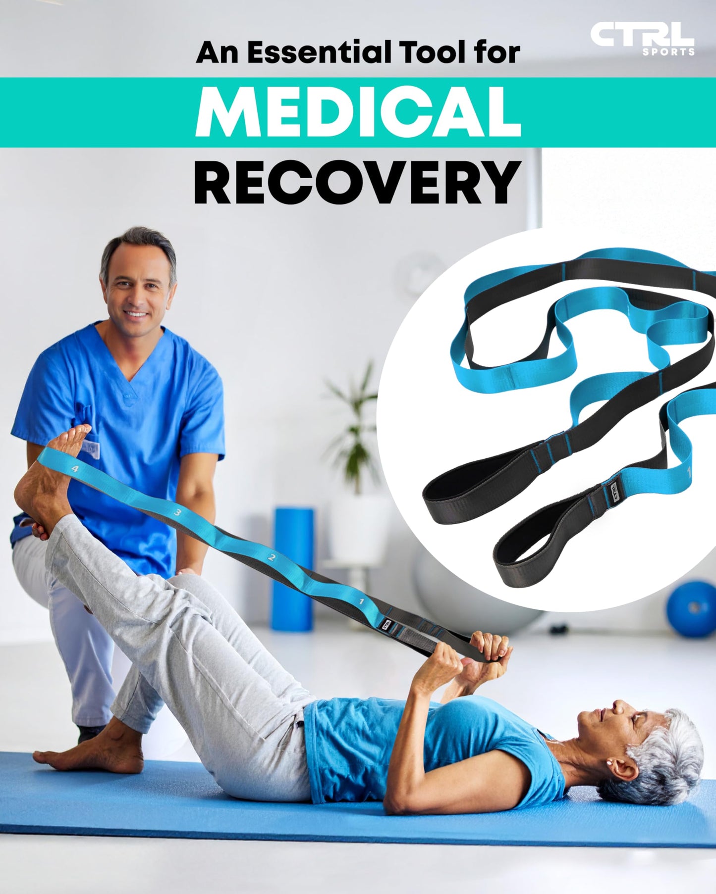 Stretching Strap with Loops - Non Elastic Stretch Band for Physical Therapy, Yoga Strap for Stretching Equipment, Stretch Bands for Exercise and Flexibility - Fascia, Hamstring & Leg Stretcher Belt