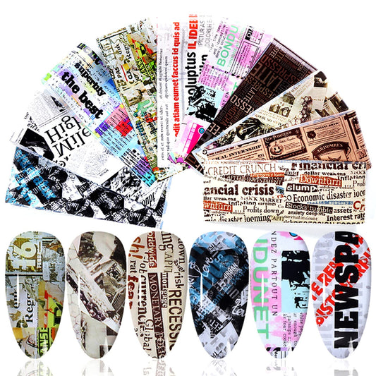 Newspaper Nail Foil Transfer Stickers English Letter Designs Nail Decals Supplies Set Acrylic Nails Sticker Decorations for Nail Transfer Glue Polish, Women DIY Manicure Accessories Set 10Sheets
