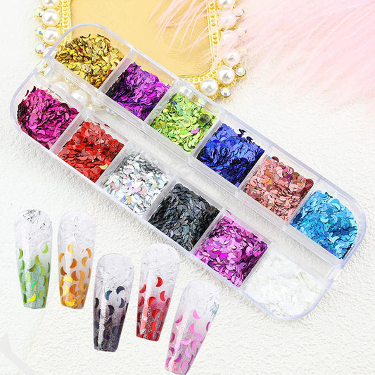 12 Colors Glitters Decor Crescent Shape Flakes Sequins 3D Moon Nail Art Stickers Laser Glitter Designs Nails Powder for Women Girls Manicure Accessories