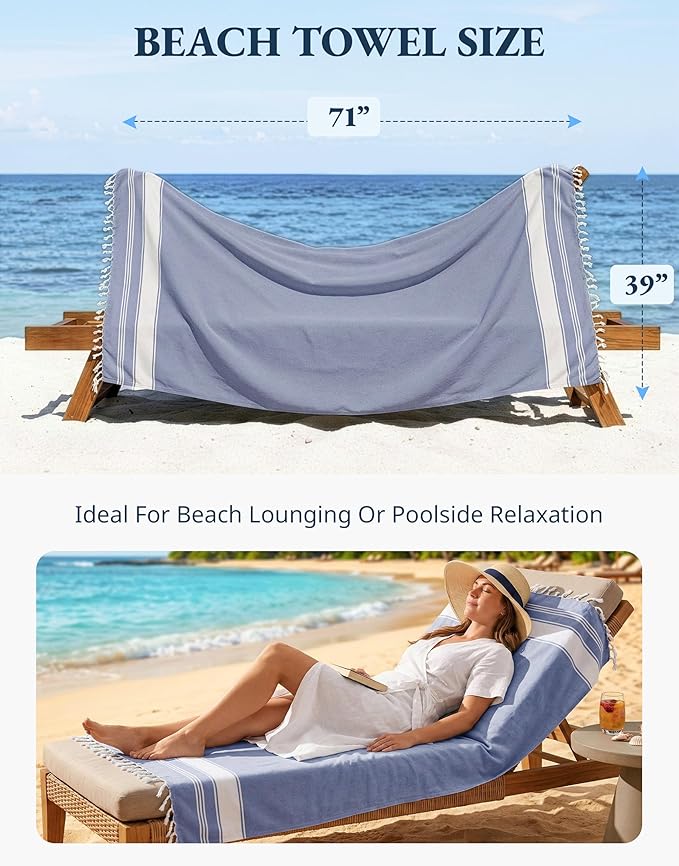 LANE LINEN Beach Towels 4 Pack Oversized - Turkish Towel Set, Pre-Washed Oversized Beach Towel, Quick Dry Beach Towels for Travel, Beach Towel Large, Sand Free Towel,39"x71" - Forever Blue