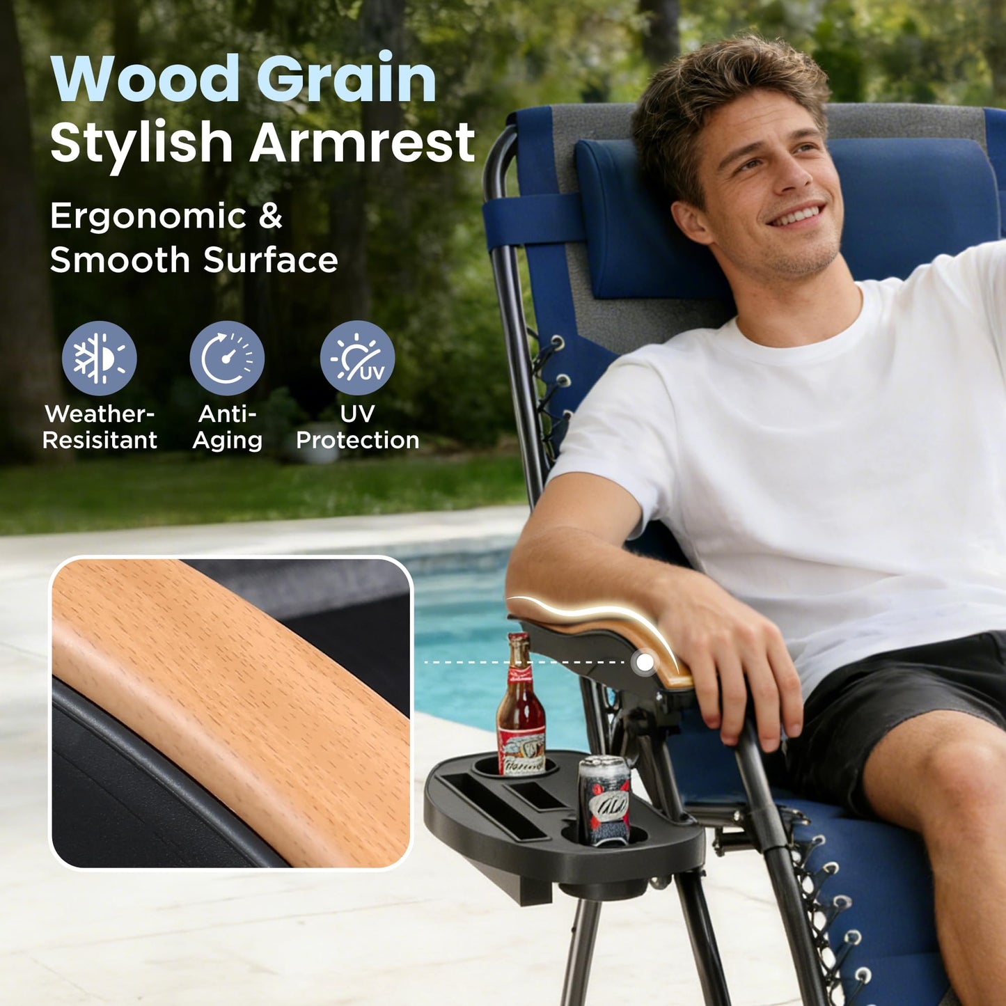 PHI VILLA XXL Oversized Padded Zero Gravity Chair, Foldable Patio Recliner, 30" Wide Seat Anti Gravity Lounger with Cup Holder, Support 400 LBS (Thumb Blue)