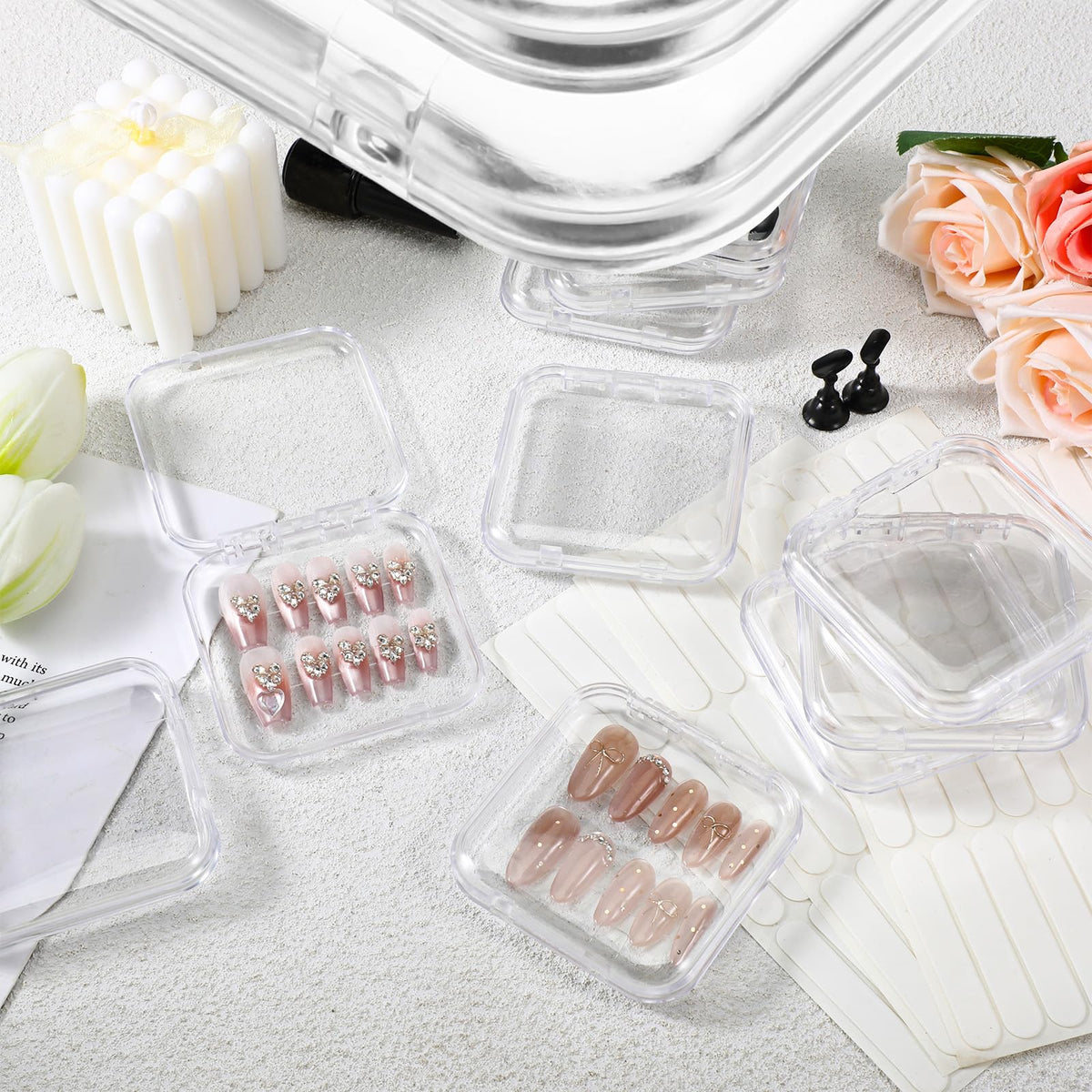 PEOVLVN 20pcs Press on Nail Storage Box Press on Nails Packaging Fake Nail Storages Case with 90 Pcs Adhesive Double Sided Tape for Fake Nail Storage Nail Display Nail Salon