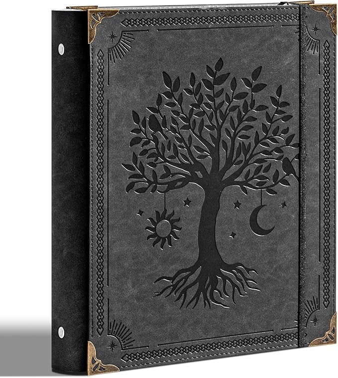 Ovesmusl PU Leather 3 Ring Binder Fits 8.5"x11" Letter Size Paper, 2 Inch Round Ring Binder Holds 500 Sheets, Notepad Paper Cover Loose Leaf Organizer, Black Tree