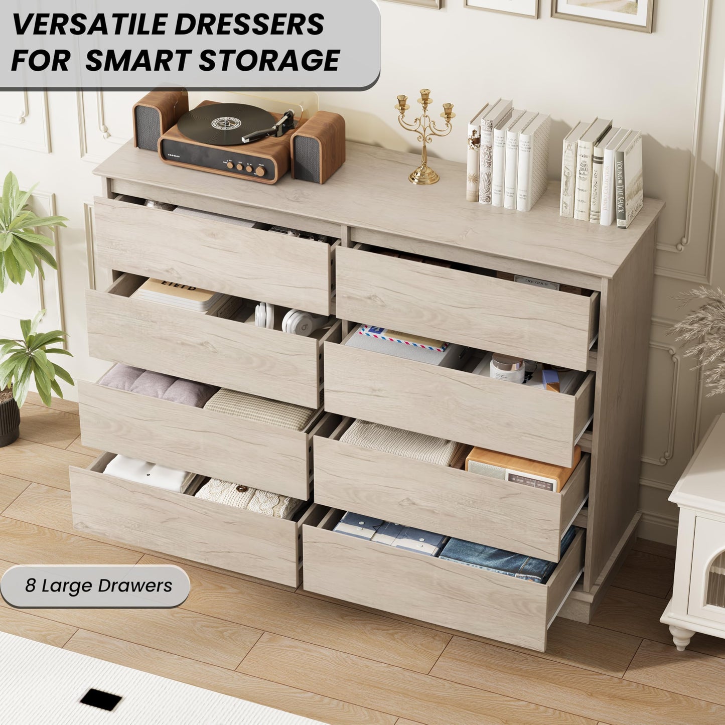 Garvee 8 Dresser for Bedroom. 51” Wide Double Dresser with Large Drawers, Modern Chest of Drawer for Bedroom Living Room Hallway, Oak