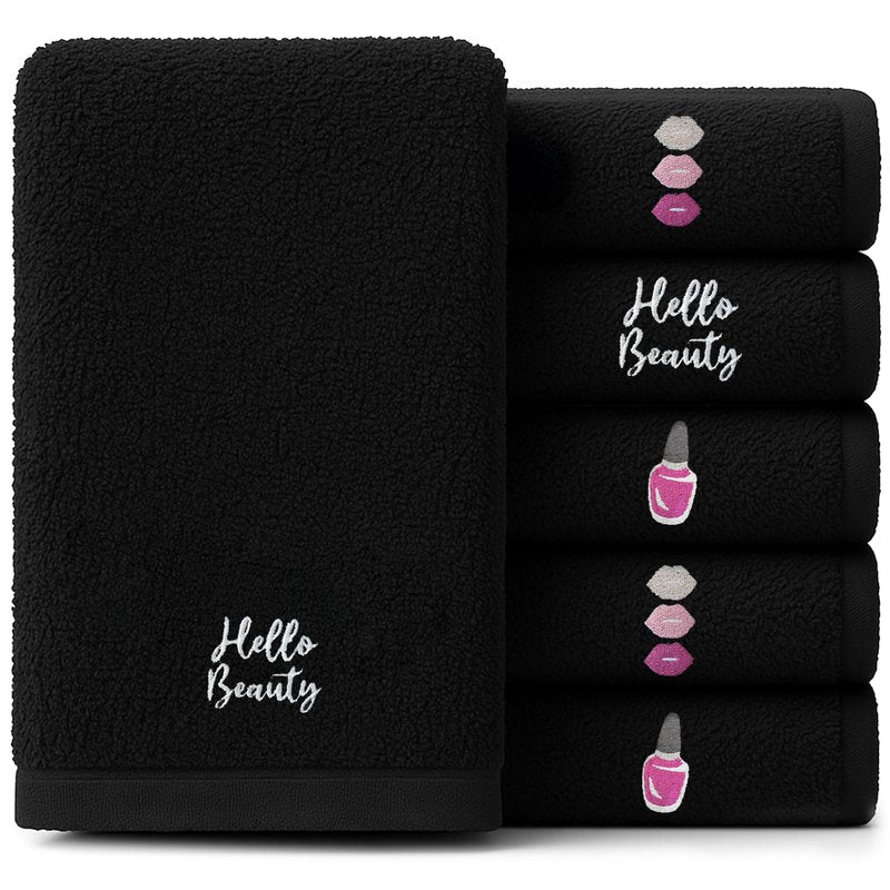 RIVERSIDE Black Makeup Towels - Pack of 6 (13x13) Soft Cotton Makeup Washcloths for Face - Reusable, Quick-Dry Makeup Remover Towels for Bathroom, Spa & Salon - Gentle on Skin - Hello Beauty