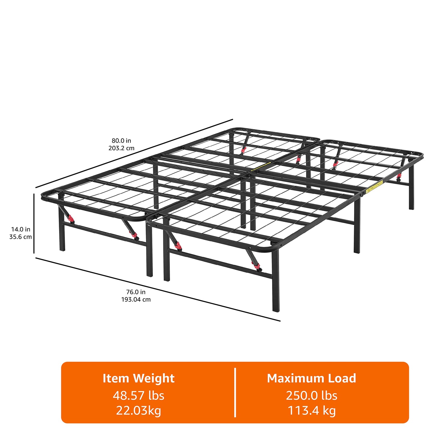 Amazon Basics Bed Frame with Storage, Foldable Metal Platform, Sturdy Steel, No Box Spring Needed, 14 inches High, Tool-Free Easy Assembly, Noise-Free, King Size, Black
