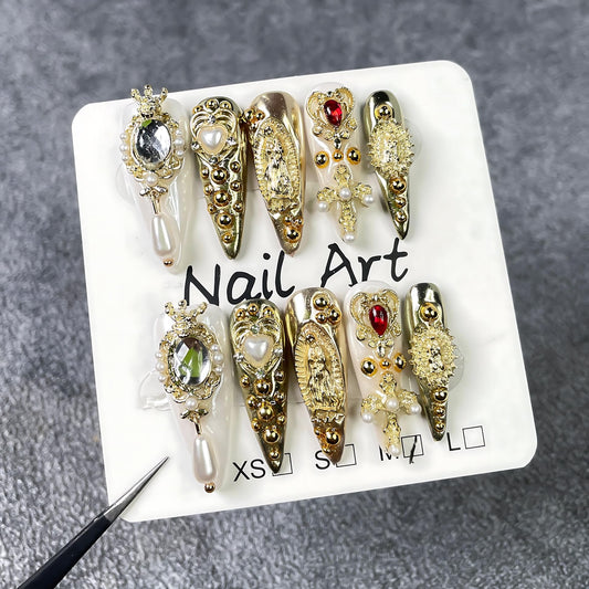 Handmade Press on Nails Short Almond Pink French Tip with 3D Design Fake Nail Art for Women M