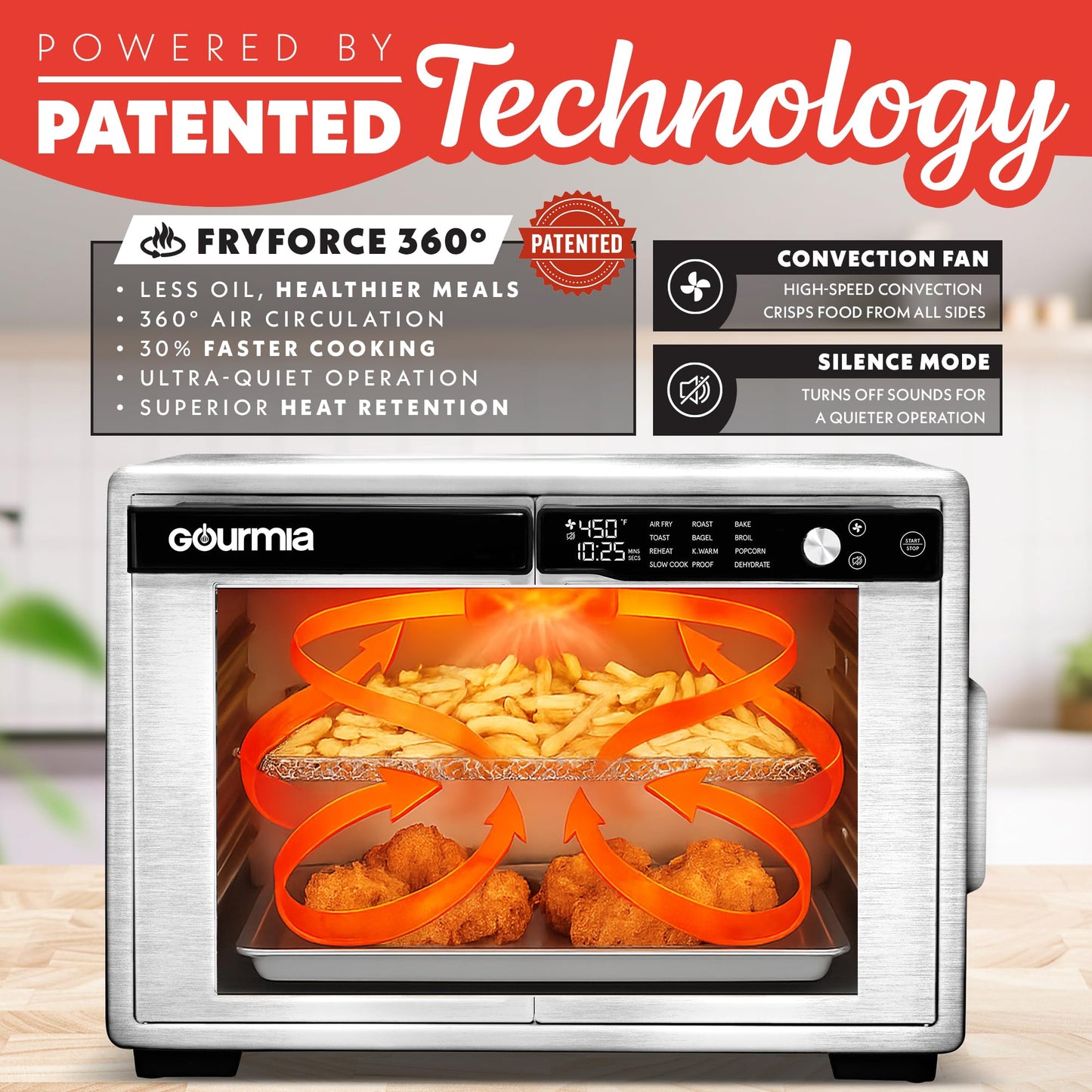 Gourmia French Door Air Fryer Oven - 37 Qt Large Capacity Convection Toaster Oven, FryForce 360°, Digital Display, 12 Cooking Presets, Dehydrate, Fits 13” Pizza, Dishwasher-Safe, Stainless Steel