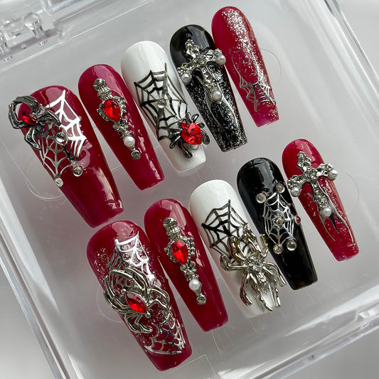 Luxury Halloween Press on Nails Medium Coffin Handmade 3D Unique Reusable ABS Material Fake Nails Gothic False Nails with Designs Spider Charms Spider Web Glossy Glue on Nail Thick Acrylic Nail(M)