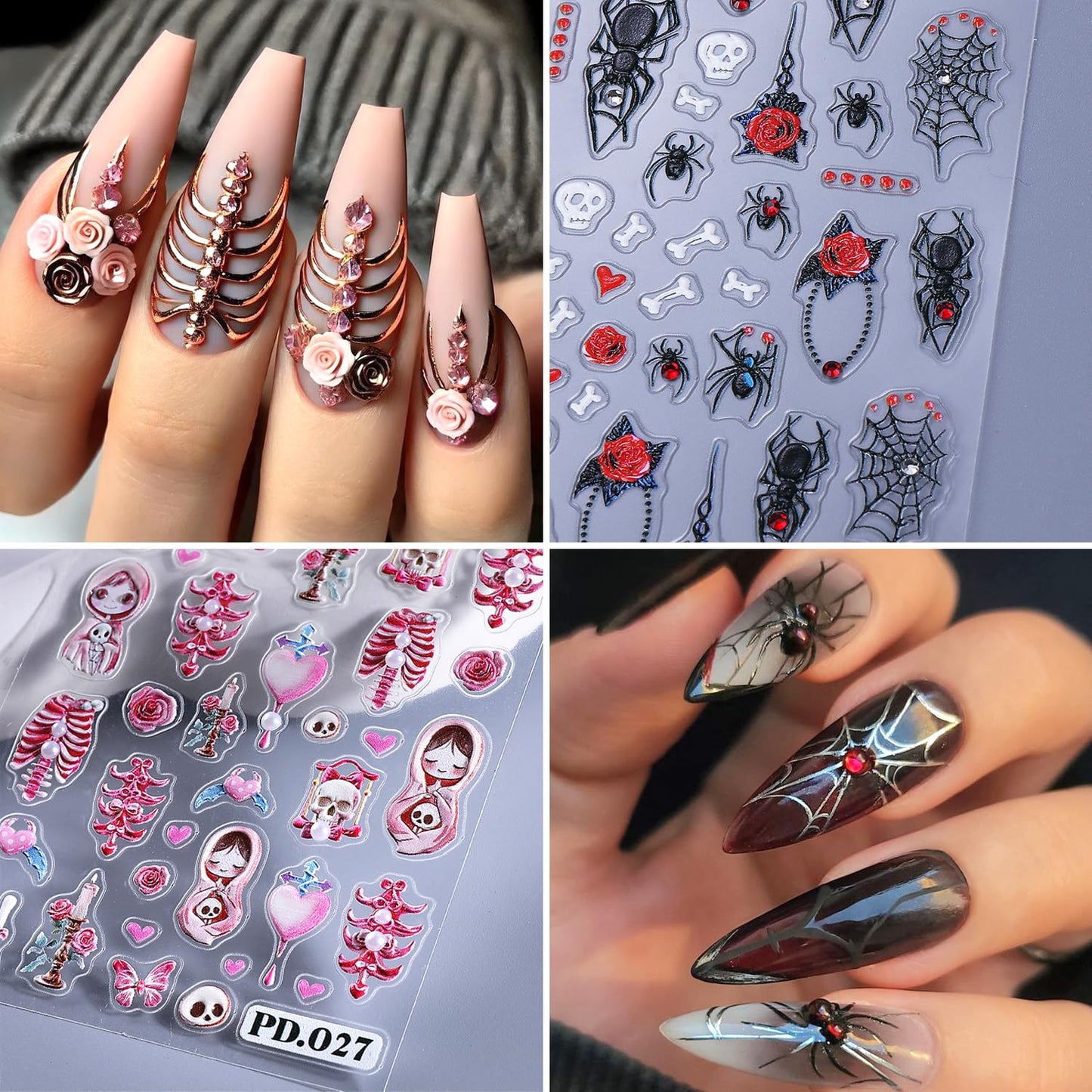 2Sheets Halloween Nail Art Stickers 5D Embossed Pink Skeleton Heart Nail Decals Self-Adhesive Spider Web Spider Stickers with Rhinestone Charms Design Nail Decal Rose Skull Nail Sticker for Women