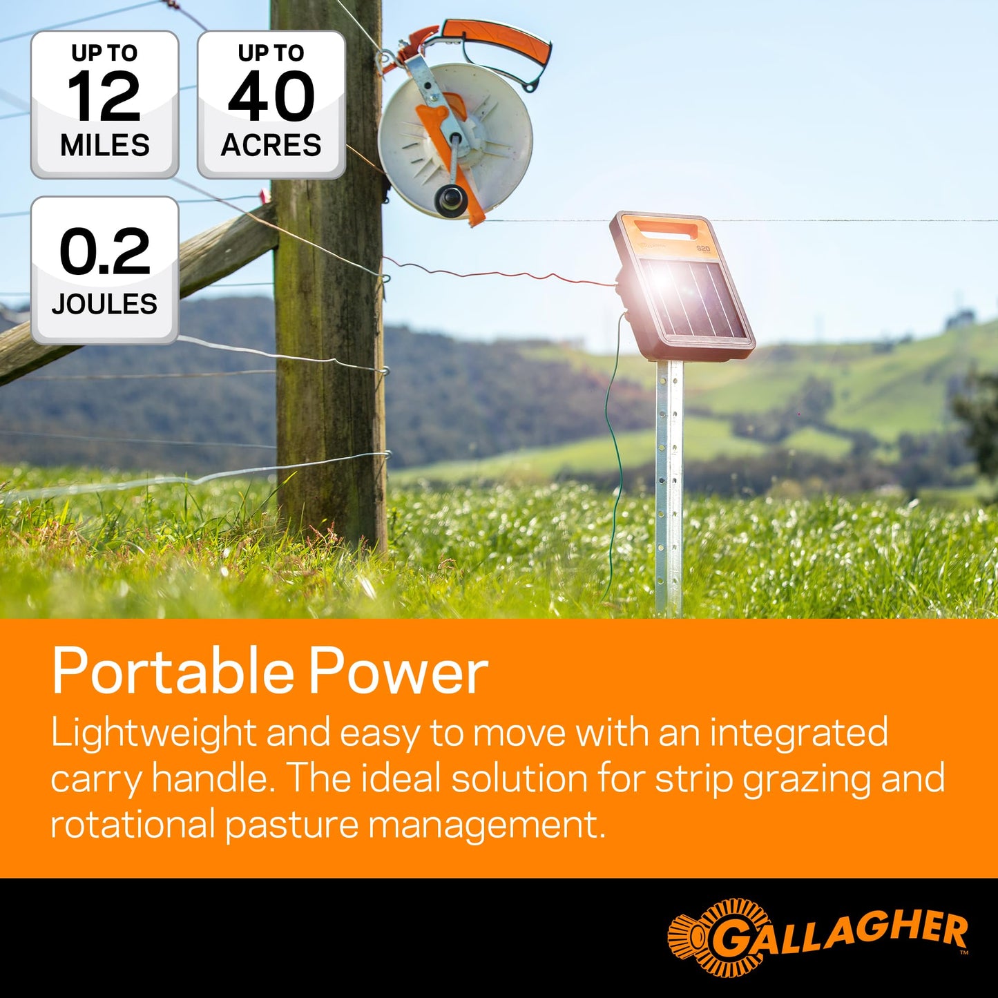 Gallagher S20 Solar Fence Charger + 48in x 82ft Poultry Netting Bundle | Portable Electric Fence System for Chickens, Garden Protection & Predator Exclusion | Solar Energizer with Rechargeable Battery
