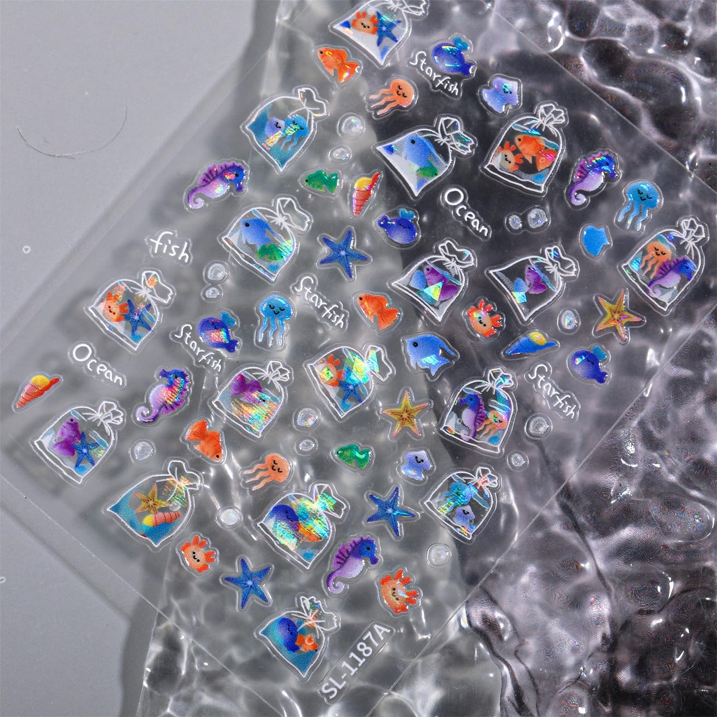 SIMAYKUWA Jelly Bag 3D Goldfish Nail Stickers - 5D Relief Ocean Theme Bubble Water Nail Art Decor, DIY Easy Apply Fake Nails for Women Girls, Cute Long Lasting Manicure Accessories A Set of 2 Sheets