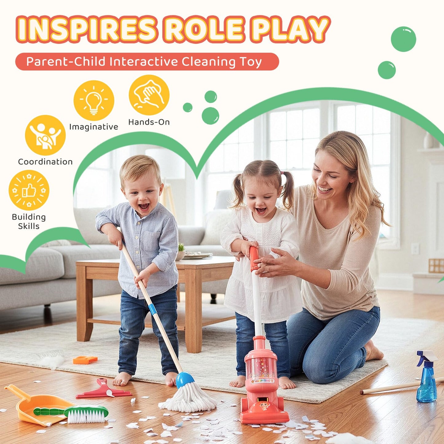 Meland Kids Cleaning Set - 8Pcs Toddler Broom and Toy Vacuum Cleaner, Pretend Play Children House Cleaning Toys, Christmas Birthday Gift for Girls and Boys