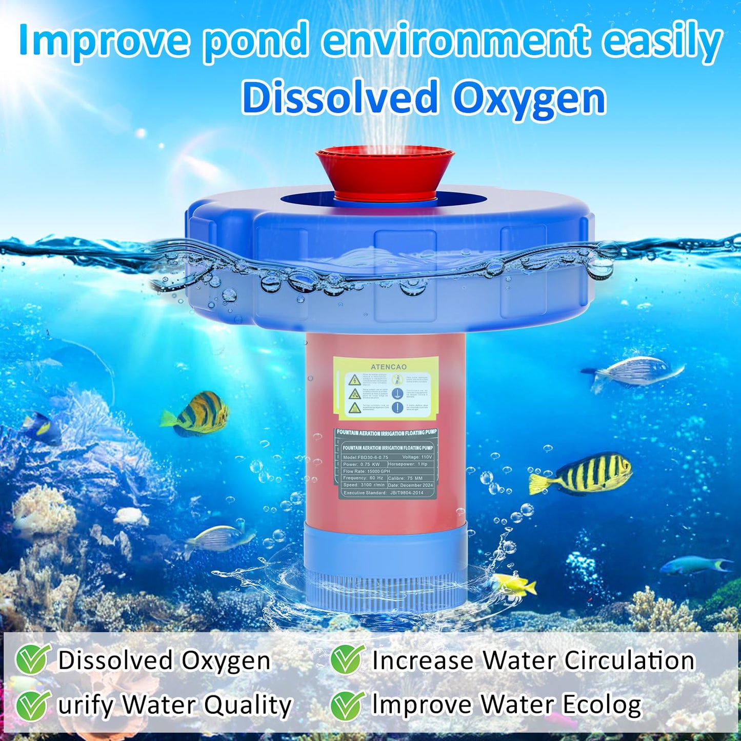 15000 GPH Pond Fountain Aerator - Fully Automatic 110V, 750W (1HP) Floating Fountain and Pond Aerator for Large and Small Outdoor Ponds and Lakes - Pond Fountain with 100 Feet Power Cord.