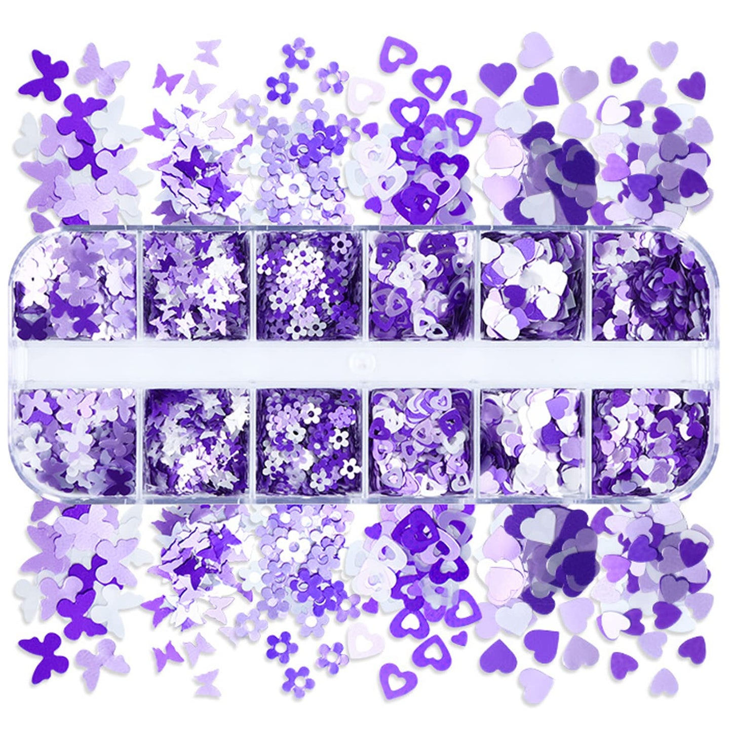 Holographic Purple Glitter Nail Art Sequins, 3D Glitters Flakes Nail Art Design, Love Heart Flowers Butterflies Acrylic Nails Supplies Accessories False Fingernails Manicure Charms Decorations Set