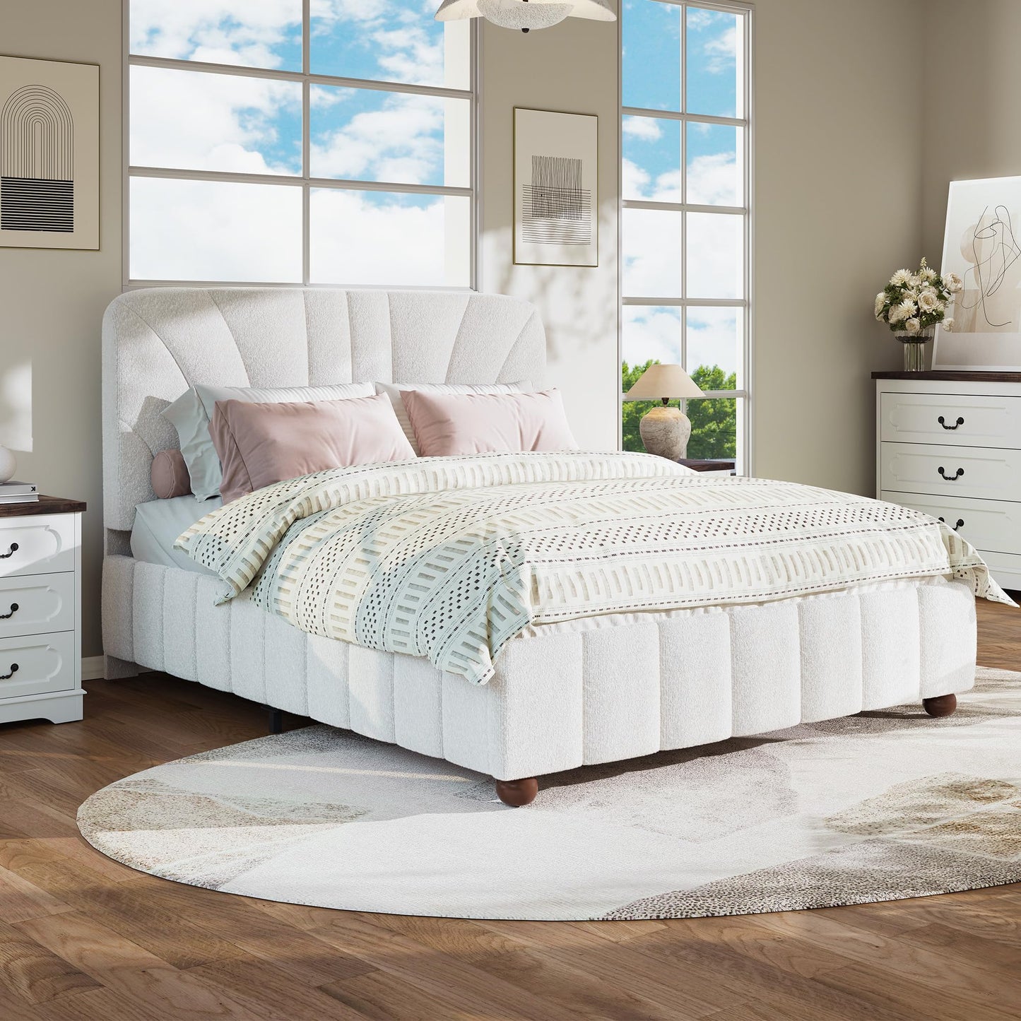 Queen Size Boucle Bed Frame Upholstered Bed Frame Queen with Adjustable Headboard, Solid Wood Slats Support, Bed for Bedroom Apartment, Dorm, No Box Spring Needed, Easy Assembly, Noise-Free, Cream