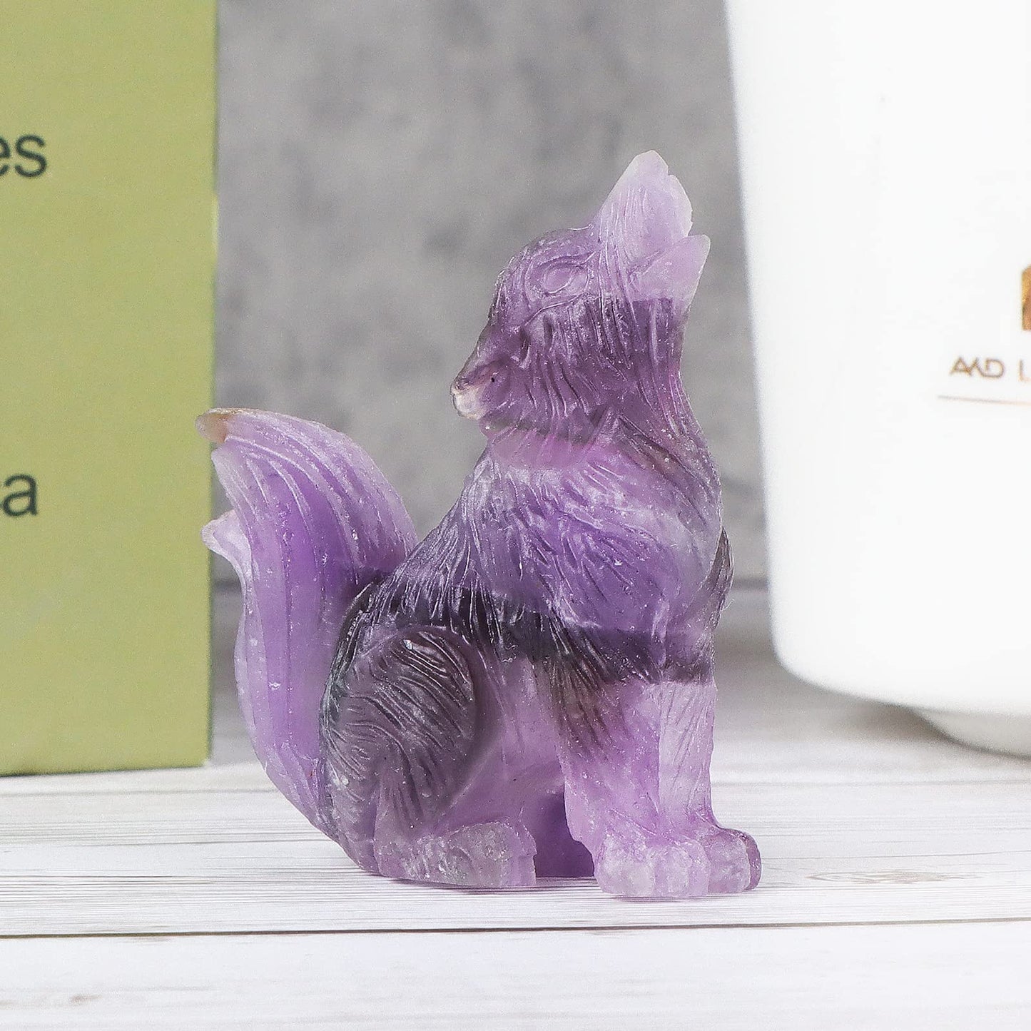LEADGEM 2.0" Amethyst Crystal Big Tail Wolf Decor Figurine Healing Stones Statue Carved Sculpture Ornaments Crystal Wolf Decor with Gifts Box